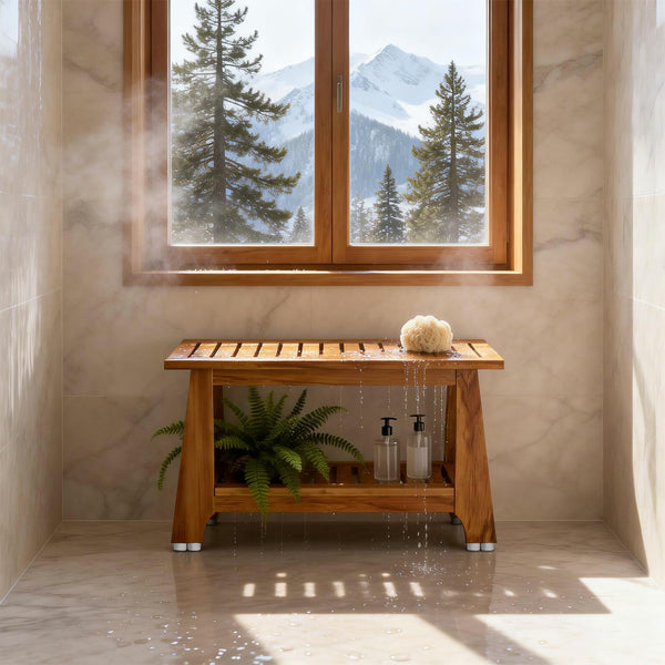 NNN 24" Commercial Teak Shower Bench - 8 Non-Slip Leveling Feet & 350 lbs Capacity | Rock-Solid Stability for Seniors & Spa Safety | Waterproof Design for Saunas/Outdoor Pools (Patented)
