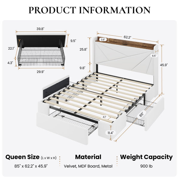 Velvet Storage Bed Frame with Charging Ports