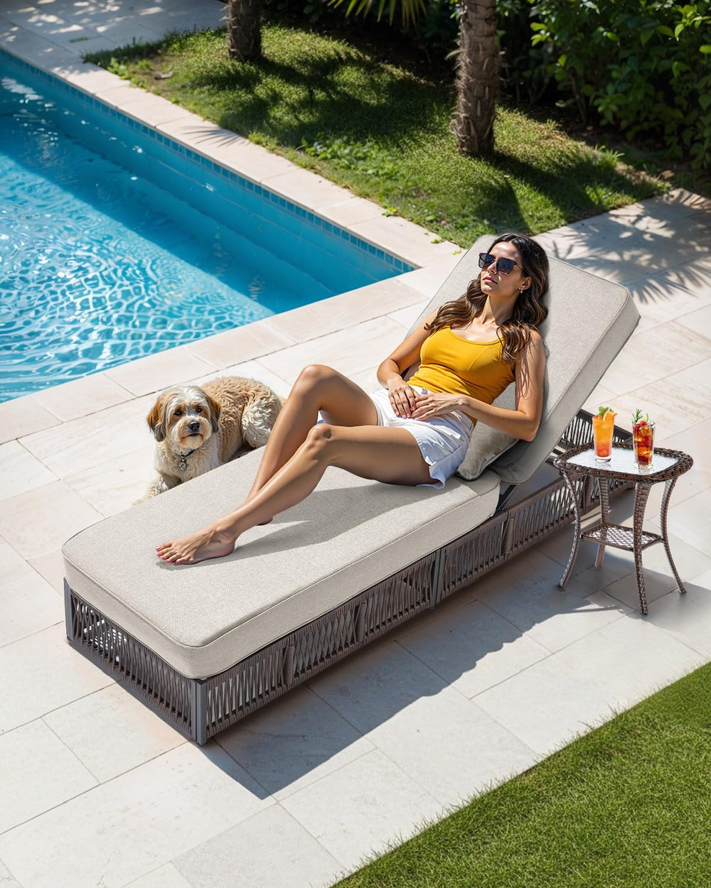 Outdoor Chaise Lounge with Cushions – Beige