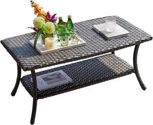 2-Tier Outdoor Rattan Coffee Table with Storage