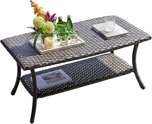2-Tier Outdoor Rattan Coffee Table with Storage