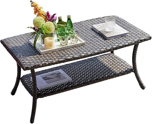 Wicker Patio Coffee Table with 2-Tier Storage