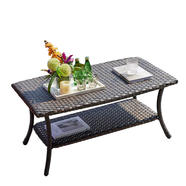 2-Tier Outdoor Rattan Coffee Table with Storage