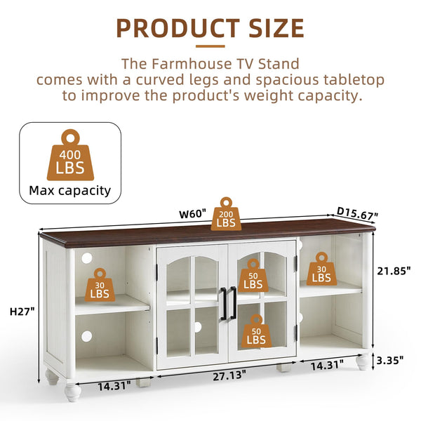 Farmhouse TV Stand with Glass Doors & Storage