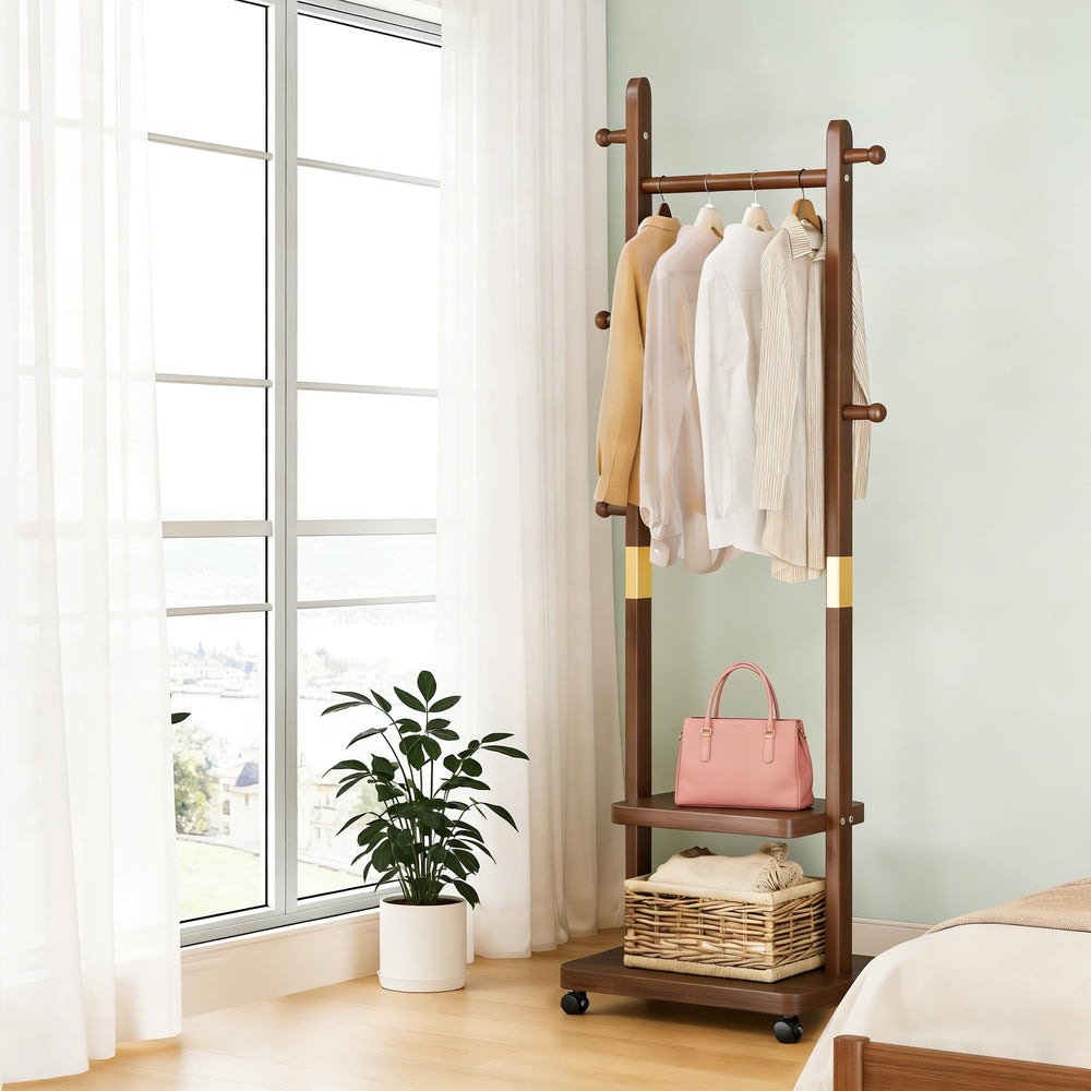 Solid Wood Coat Rack with 2-Tier Shelves, 5 Hooks & Wheels