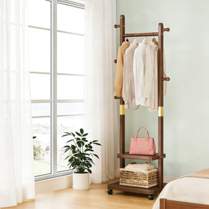 Solid Wood Coat Rack with 2-Tier Shelves, 5 Hooks & Wheels