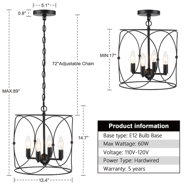 4-Light Black Metal Farmhouse Chandelier