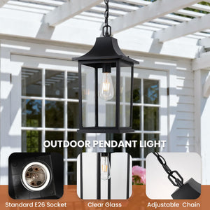 Large Outdoor Pendant Light – Black Aluminum Hanging Lantern with Adjustable Chain