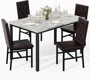 5-Piece Faux Marble Dining Table Set with Button-Tufted Chairs