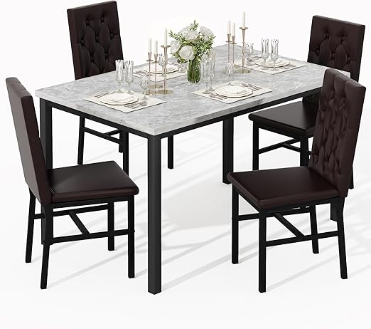 5-Piece Faux Marble Dining Table Set with Button-Tufted Chairs