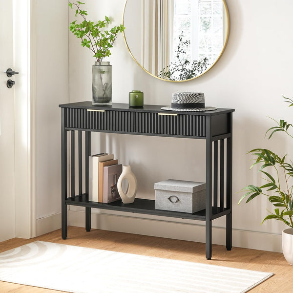Narrow Fluted Console Table with 2 Drawers & Storage Shelf – Black Entryway Table