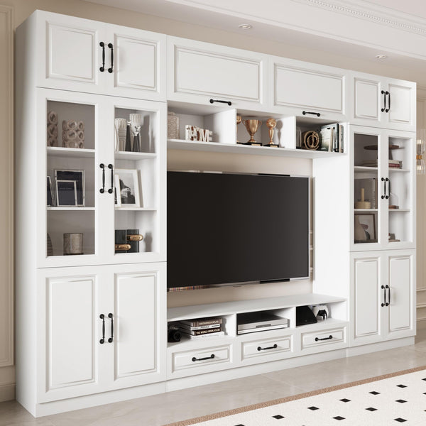 126" Entertainment Center Wall Unit with Glass Doors & Drawers