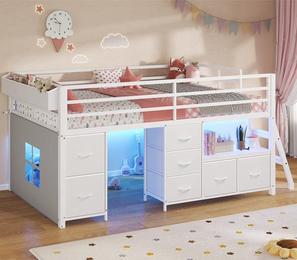Twin Low Loft Bed with 7 Storage Drawers, LED Lights & Under-Bed Play Space