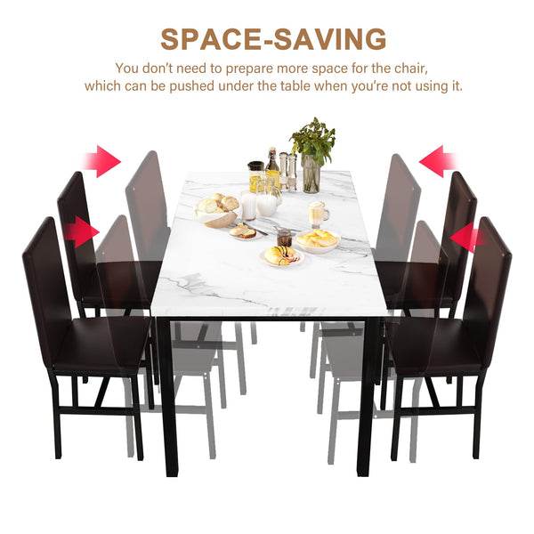 Dining Table Set for 4 with Faux Marble Top & Leather Chairs
