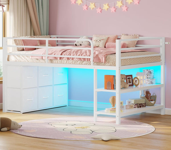 Twin Low Loft Bed with LED Lights & Storage Drawers