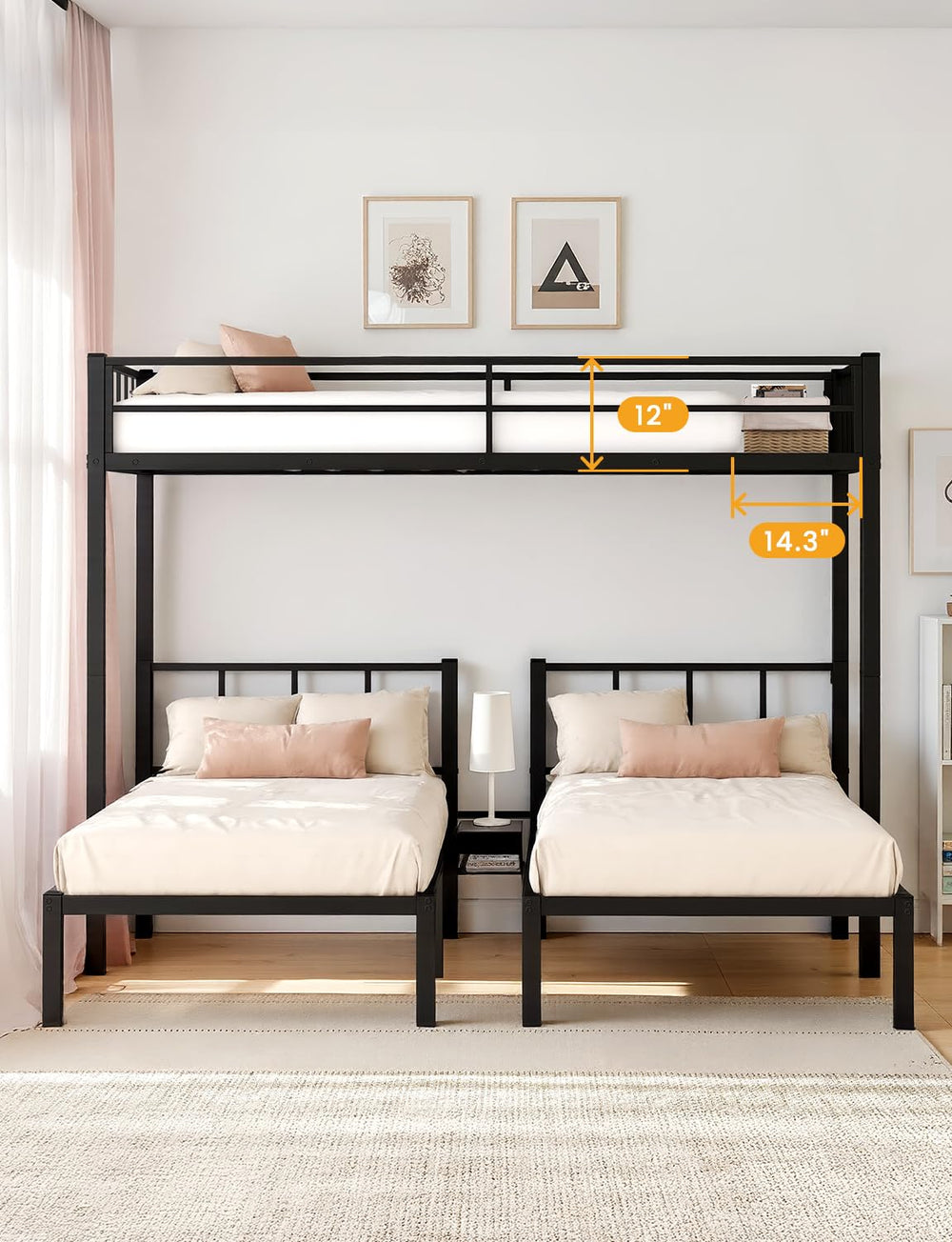 Metal Triple Bunk Bed with Guardrails & Ladder — Twin, Twin XL & Queen Options