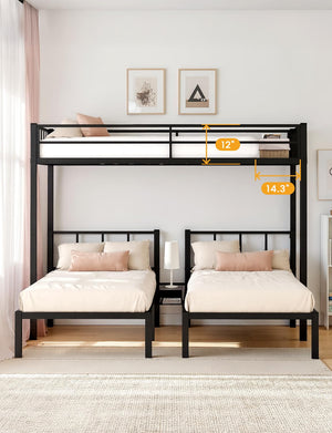 Metal Triple Bunk Bed with Guardrails & Ladder — Twin, Twin XL & Queen Options