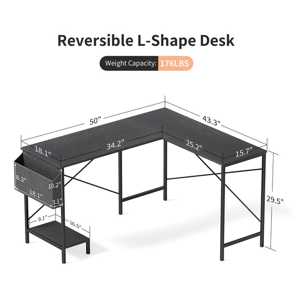 L-Shaped Gaming & Home Office Desk with CPU Stand and Side Storage Bag