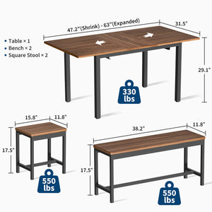 5-Piece Extendable Dining Table Set with Benches and Stools