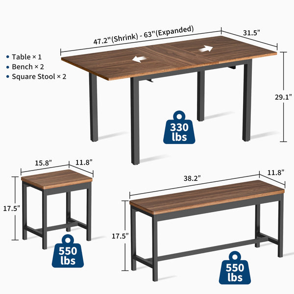 5-Piece Extendable Dining Table Set with Benches and Stools