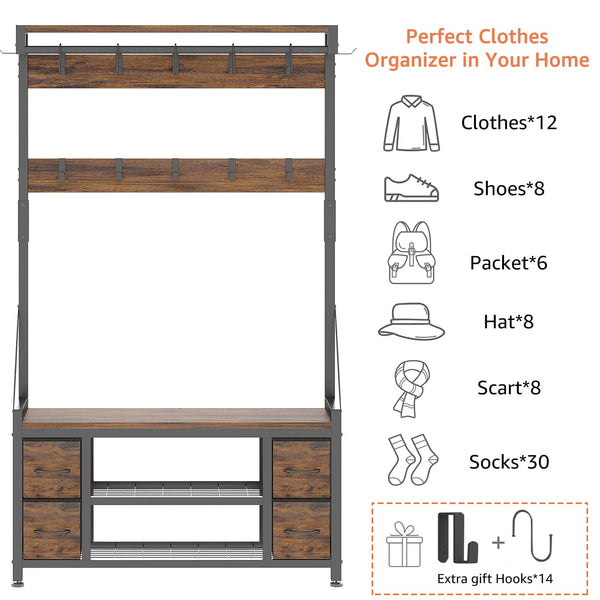 5-in-1 Hall Tree with Bench, Drawers, Shoe Rack & Hooks – 39"W