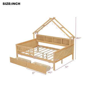 Full Size House Platform Bed with LED Lights, Storage Shelves & Drawers