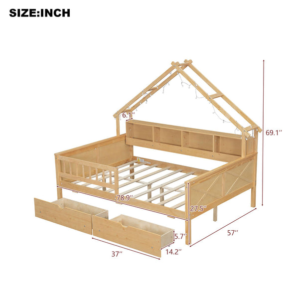 Full Size House Platform Bed with LED Lights, Storage Shelves & Drawers