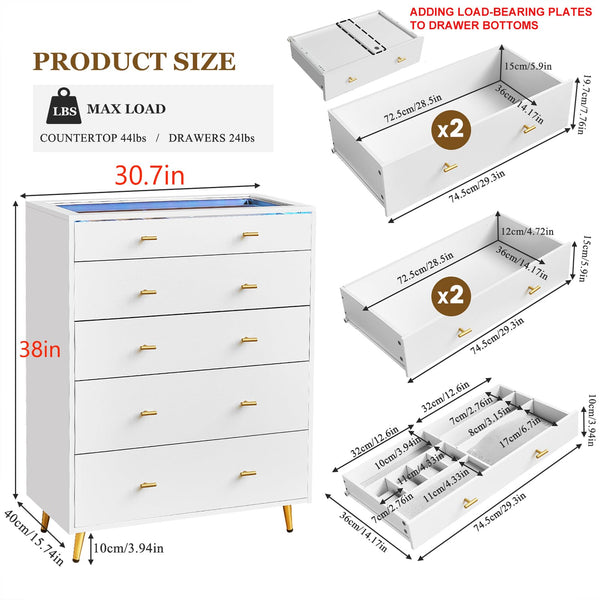 5-Drawer Dresser with LED Lights and Tempered Glass Top