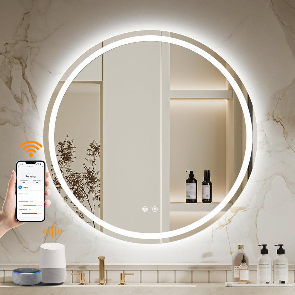 Round Smart LED Bathroom Mirror with WiFi, Anti-Fog & Dimming