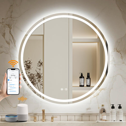 Round Smart LED Bathroom Mirror with WiFi, Anti-Fog & Dimming