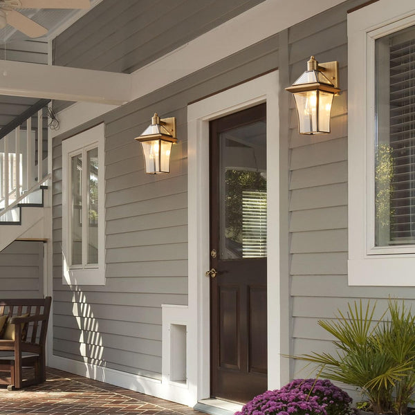 Brass Outdoor Wall Lanterns 2-Pack – Waterproof Glass Shade Sconces for Porch, Front Door & Entryway