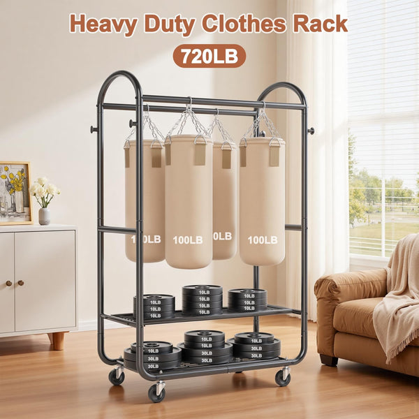 Heavy Duty Double Rod Rolling Garment Rack