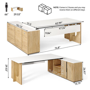 74" L-Shaped Executive Desk with Storage Cabinet & Shelves