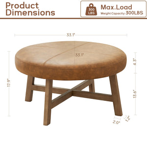 Round Upholstered Ottoman Coffee Table – Mid Century Modern, Leather Top