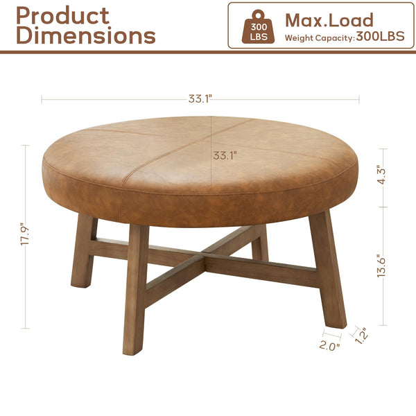 Round Upholstered Ottoman Coffee Table – Mid Century Modern, Leather Top