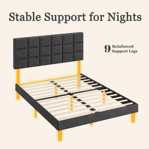 Queen Platform Bed Frame with Adjustable Upholstered Headboard