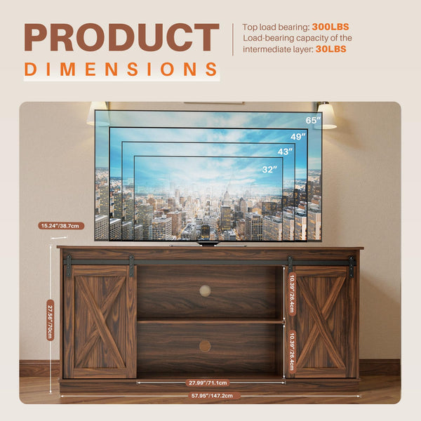 Farmhouse TV Stand with Sliding Barn Door – 58 Inch, Brown