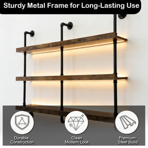 55" Wall Mounted Wine Rack with LED Lights – 3-Tier Industrial Floating Shelf