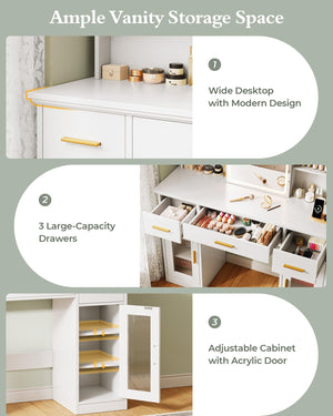 Vanity Desk with Mirror, Lights & Storage