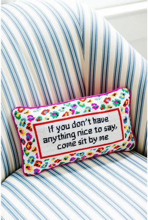 Needlepoint Throw Pillow – Come Sit by Me | 9" x 15" Pink Accent Pillow