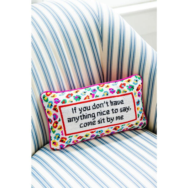 Needlepoint Throw Pillow – Come Sit by Me | 9" x 15" Pink Accent Pillow