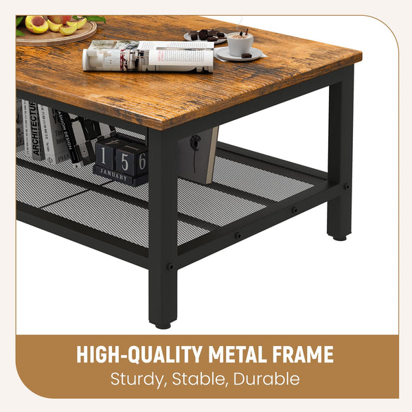 3-Piece Coffee Table and End Table Set – Rustic Brown Wood & Metal