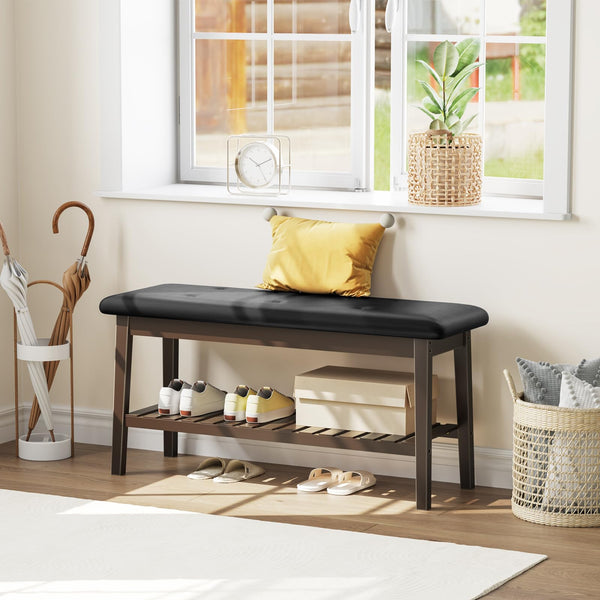 Bamboo Dining & Entryway Bench with PU Leather Seat