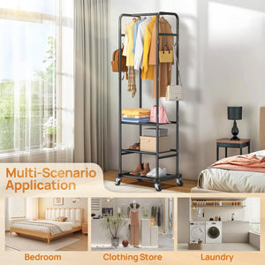 Freestanding Clothes Rack with Wheels & 3 Shelves