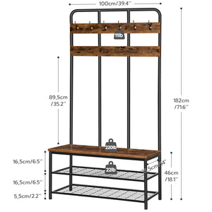 Industrial Hall Tree with Bench, 12 Hooks & Shoe Storage – 39.4"L x 14"W x 71.7"H