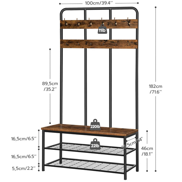 Industrial Hall Tree with Bench, 12 Hooks & Shoe Storage – 39.4"L x 14"W x 71.7"H