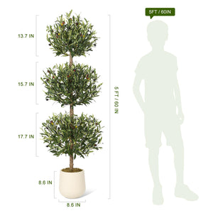 5 ft Artificial Olive Tree Triple Ball Topiary with Moss Pot – Indoor Outdoor Faux Plant