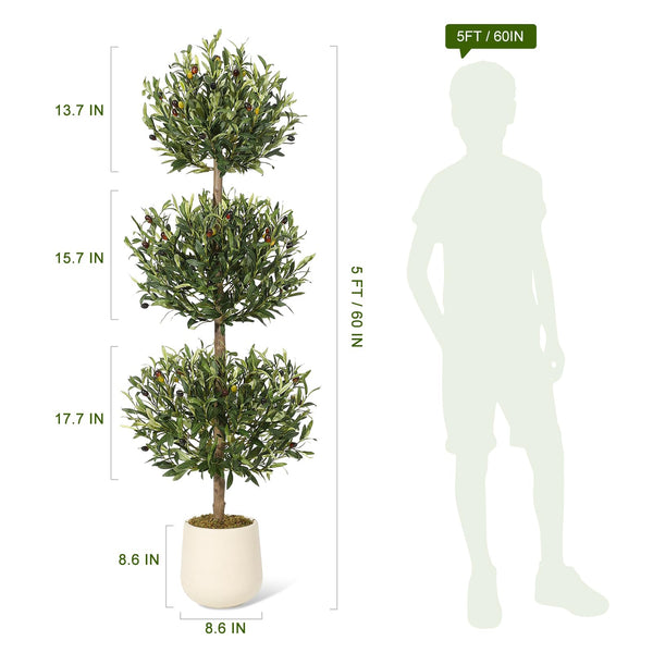 5 ft Artificial Olive Tree Triple Ball Topiary with Moss Pot – Indoor Outdoor Faux Plant