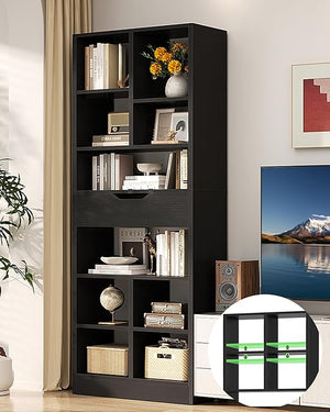 8-Tier Tall Narrow Bookshelf with Drawer