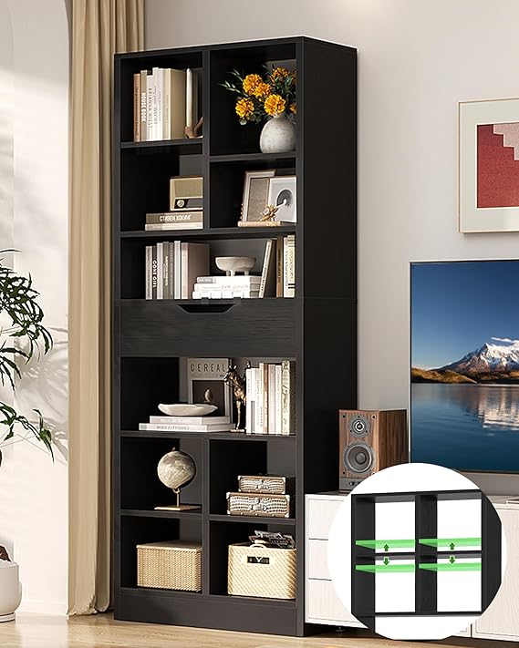 8-Tier Tall Narrow Bookshelf with Drawer